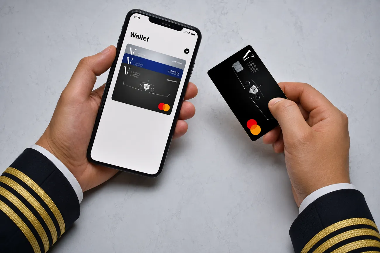 Pilot holding a V1 Mastercard and the phone Wallet