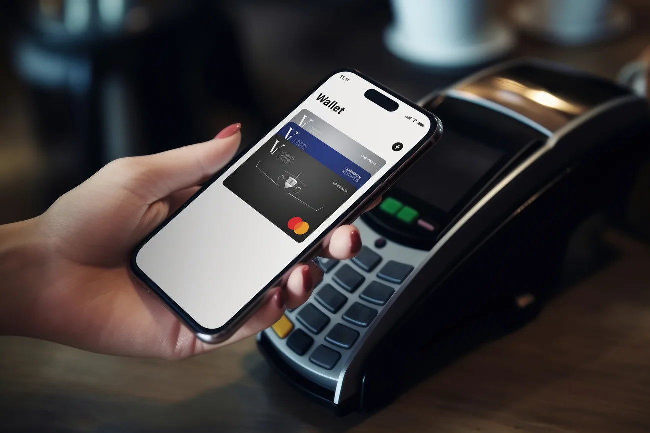 Customer paying with a phone wallet at a payment terminal